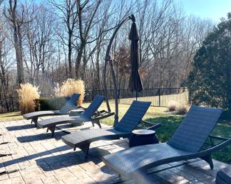 SOLD/each. 4 avail. Outdoor faux woven wicker chaise lounge chair. Adjustable back, casters for easy moving. Great condition! 78x25 inch.