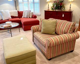 $350 each. 2 avail! Custom upholstered, oversized chairs by Bassett, earth tone pattern. Great condition. 