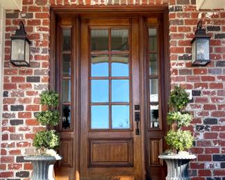 SOLD— 2 avail! Closeup of faux boxwood topiary- three tier. SOLD— Resin urns. Two available. 16 x 24H. $50: Outdoor coconut fiber door mat.48” by 36”