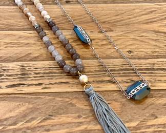 Left: $28. natural stone with grey tassel.  Right: SOLD—necklace.