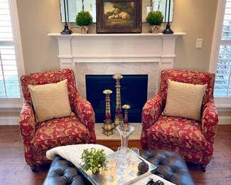 Beautiful furniture and home decor at this sale! Come visit us in person to see it all! $350/each. Upholstered a chairs. SOLD -  tufted leather ottoman. Buttery leather feel, nailhead trim, turned legs, casters, deep brown color. 