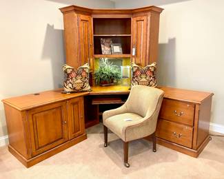 $800. Four piece, lighted, corner office suite. Purchased from Dau. Outfitted to run electric. Left side: 41 x 23x30 inch.  Middle: 60 x 48 x 80 in high.  Right with two drawer file cabinet: 37X 23X30.