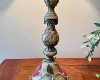 SOLD— of Castilian floral buffet lamps 12L x 28H including shade.