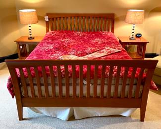 SOLD —Queen headboard, footboard, frame. (Mattress NOT included.) $48/each bedside tables. 22x 18x22 inches. A classic bedroom suite! 