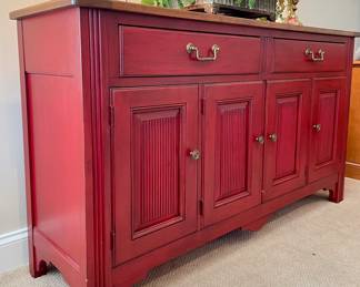 $450. Very versatile, red distressed media cabinet by Sherrill 63L x 18W x 35H. Minor marks noted on top.