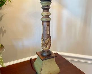 $150. Detailed view of the painted lamp with hand stenciled burlap lampshade. 9L x 40H, including shade. 