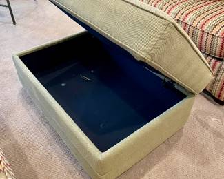 SOLD—Alternate view of upholstered storage ottoman by Bassett. 40in x 28 in x 16.