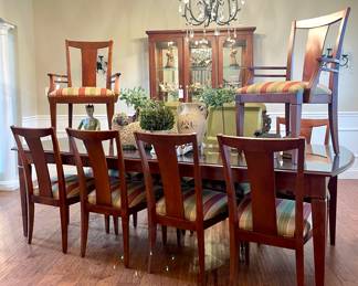 $2800 for complete dining room set.  The timeless look of Ethan Allen.  Table includes two leaves, glass top, 8 chairs, and 2 armchairs. Table: 68 inches long with 2 leaves.  Leaves are 18 “ each. Chairs are 24x18x38. Great condition! These chairs are great as-is but if you need to recover, this would be an easy one. :) 