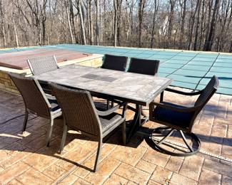 SOLD— Agio table and 6 chairs. Table: 80x42x29. 4 chairs: 25.5x24x36 inch. 2 Swivel chairs: 25.5x24x31