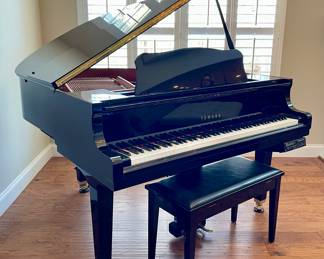 SOLD—Alternate view of the Yamaha Baby Grand Piano. Yamaha Baby Grand Player Piano with bench, Ebony polish, speakers housed underneath. Model number shown in later images.  56L x 62H. WORKS!