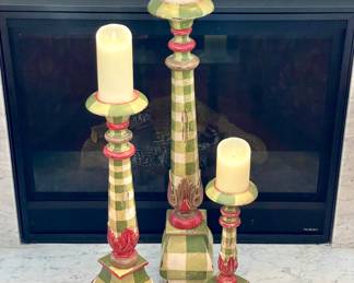 $200. Set of three hand painted candle sticks purchased at Three French Hens 32H (tallest one) 25H (middle one) 17H (smallest one).