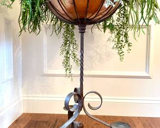SOLD—Great planter with cast aluminum base with iron look. Copper look liner owl.