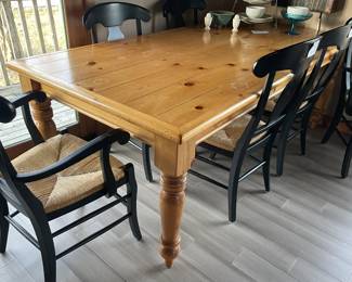 Pine harvest table - 41.5" w by 84.5" long   - Black chairs priced individually