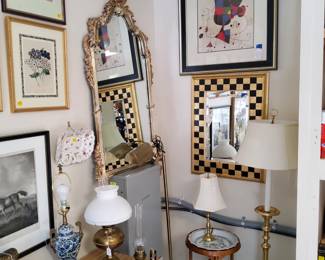 Bettis Brooke Gold Leaf Mirror (left) Joan Mirro Framed Print (top), Checkered Board Framed Bevel Mirror,  Heavy Brass Floor Lamp, 