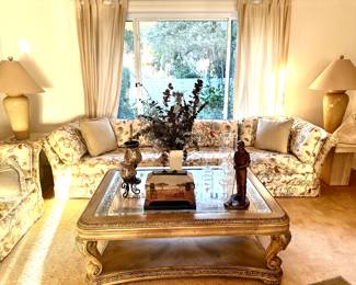 Designer long sofa and loveseat with beveled glass top coffee table and two modern stone side tables