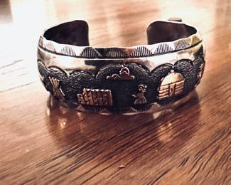 Robert Beventi Navajo “Story Teller” sterling cuff bracelet with 12K gold fill overlay