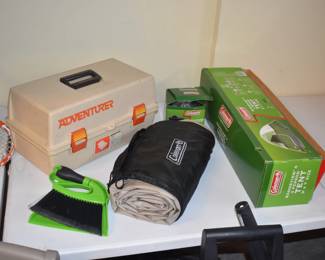 Camping items, tent, tackle box, blow up bed
