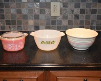 Pink Gooseberry PYREX, Fire king, and a great USA dough bowl.
