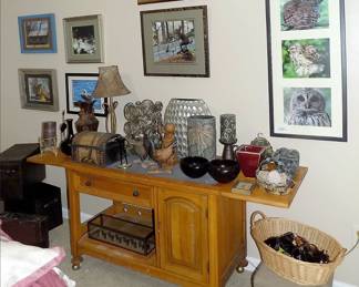 Slate Top Bar with Decorative Items.  Some of many custom framed original nature photographs.