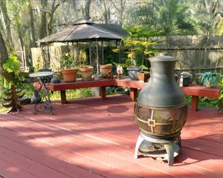 Fire pit, planters, metal decorations