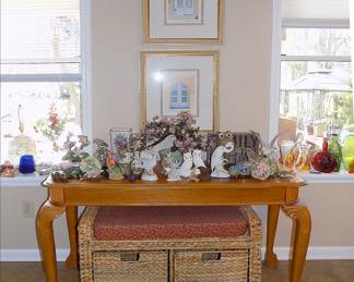 Sofa Table, Animal figurines,  Storage Bench.