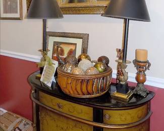 Credenza, Pair of Dolphin Lamps, Gold Framed Mirror