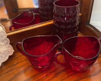 Anchor Hocking ruby red Bubble Glass creamer & sugar
