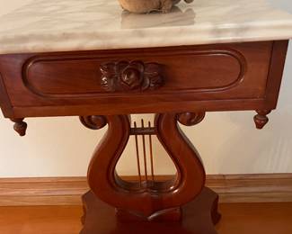 Vintage Victorian solid Mahogany harp base, rose carved drawer pull & white Carrera Marble top side table/nightstand