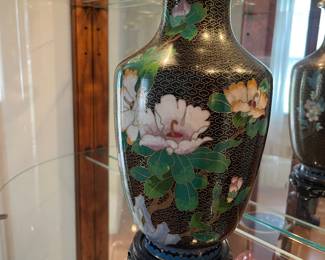 Vintage Tall Chinese Cloisonné Floral Vase with stand.