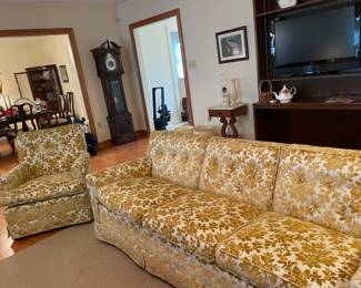 Excellent condition!! Vintage MCM custom made yellow & white floral sofa and matching chair.