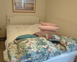 Queen bed, bedding, white dresser and stand