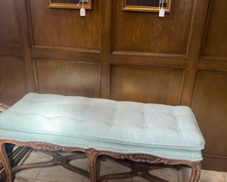 French bench in beautiful blue upholstery. Cute pair of florals. 