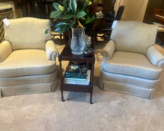 Beautiful pair of Jessica Charles swivel rockers. Upholstery is in excellent condition. 