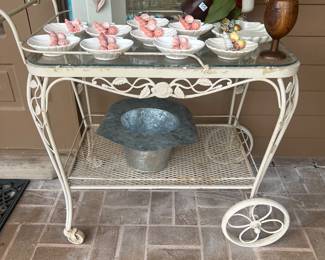 Robert Woodard outdoor bar cart, cute collection of Fitz and Floyd seashell items 