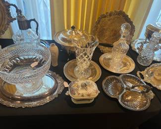 Waterford bowls, vases, decanters, Reed & Barton King Francis silverpkate