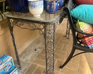 Metal and glass outdoor console table, tons of cute pots
