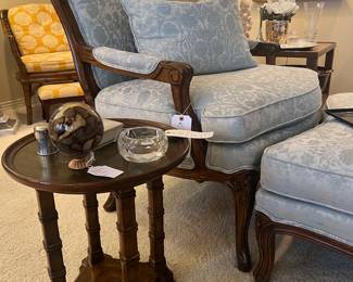 Brass inlaid accessory table, French Bergere chair and ottoman (Hickory White)