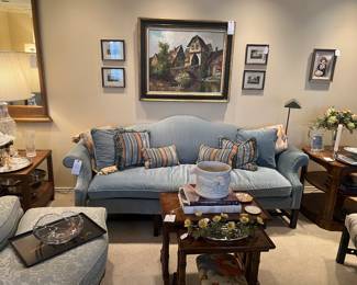Camelback sofa in a pretty blue velvet