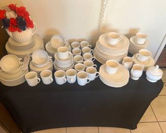 Two sets of white dishes: Arzberg 73 piece set, Mikasa 52 piece set