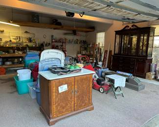 One of two matching massive marble top wood chests, China cabinet, electric lawnmower, cash register, cable, etc...