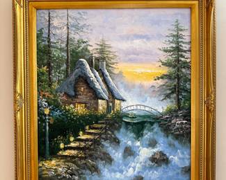 Gold framed vintage cottage  painting 