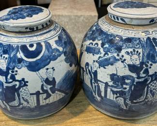 Asian Lidded Blue & White Ginger Jar Set