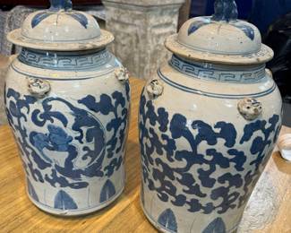 Foo Dog Top Blue & White Unusual Lidded Ceramic Urns