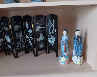 Miniature Asian Laquered Screen & Ceramic Figures