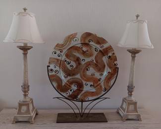 Art Glass Plate With Stand & Two Table Lamps