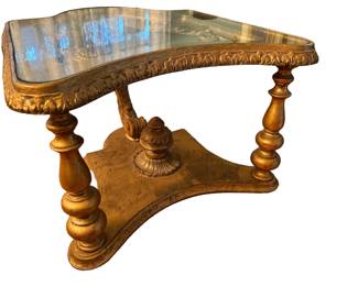 Vintage, gold leaf, glass top side table. Unique.