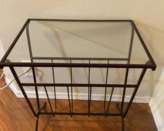 Black Metal Magazine Rack/Side Table with Glass Top