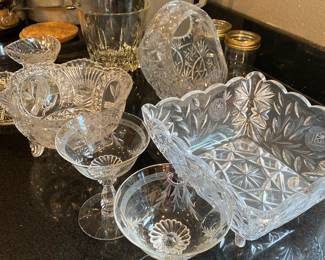 Pair of Crystal Champagne/Sherbet Glasses with Etched Feather Design, Crystal Square Pinwheel Stars Footed Candy Dish, Hofbauer Byrdes Lead Crystal Footed Bowl
