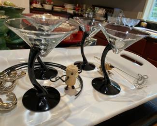 Set of 4 Mid Century Modern Black Curved Stem Martini Glasses