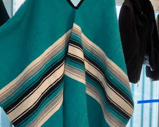 Hand Woven Turquoise, White & Gray Poncho Molina Indian Blanket - Made in Mexico
